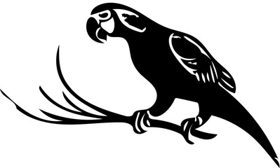 black and white parrot on a branch Silhouette | Parrot perched on a branch vector illustration