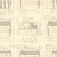 Mechanical engineering drawings on light background. Cutting tools, milling cutter. Technical Design. Cover. Blueprint. Seamless pattern. Vector illustration.