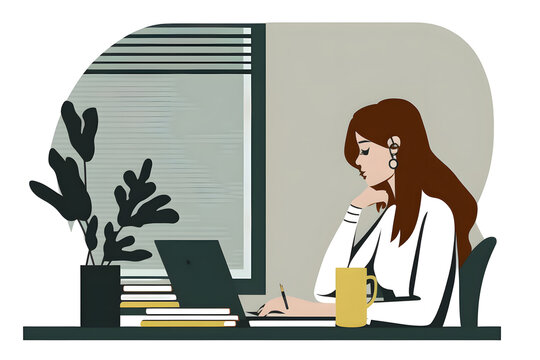 A business woman working at a desk with plants and books and laptop macbook, illustration