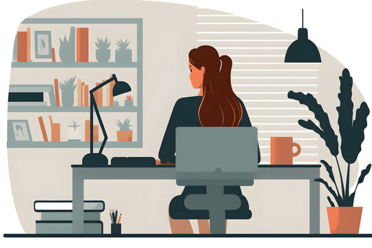 A business woman working at a desk with plants and books and laptop macbook, illustration