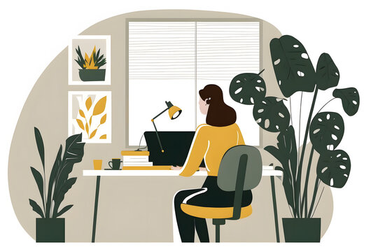 A business woman working at a desk with plants and books and laptop macbook, illustration