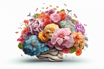 Brain with Flowers Illustration, Creative Mind Concept Created with Generative AI