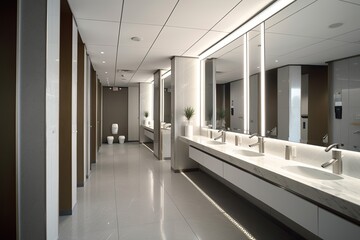 Modern restroom interior decoration in the public building. Created with Generative AI technology. 