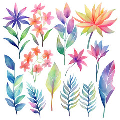Watercolor Tropical Leaves and Flowers Composition Elements Vector