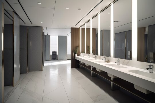 Modern restroom interior decoration in the public building. Created with Generative AI technology. 