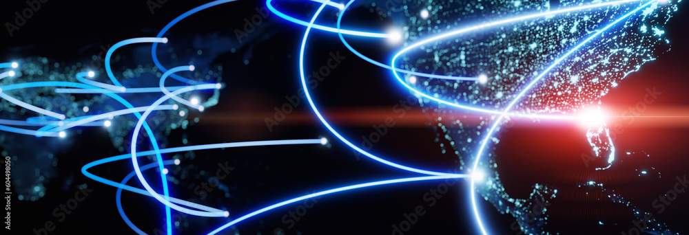 Wall mural globalization and communication concept. earth and luminous rays. 3d rendering