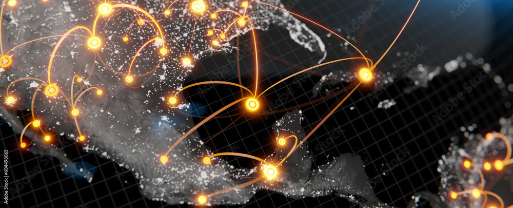 Wall mural globalization and communication concept. earth and luminous rays. 3d rendering