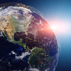 Globalization and communication concept. Earth and luminous rays. 3d rendering