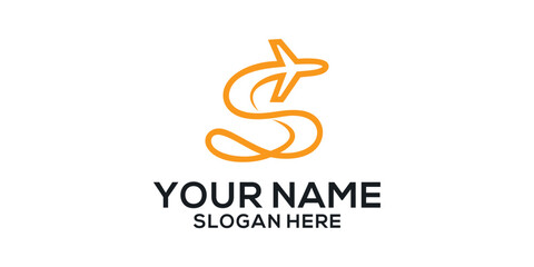 letter S with plane and airline logo vector template. Suitable for travel label, tourism, journey posters, flight company advertising, airways identity, and tech transportation