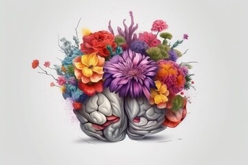 Brain with Flowers Illustration, Creative Mind Concept Created with Generative AI