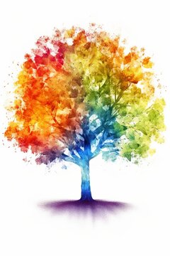 An illustration of a colorful tree isolated in front of a white background. Created with Generative AI technology