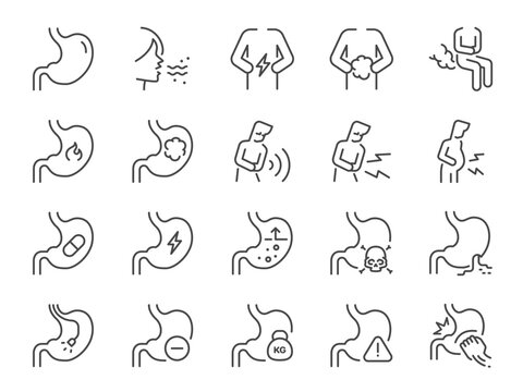 Flatulence icon set. It included stomach, stomach ache, sick, and more icons. Editable Stroke.
