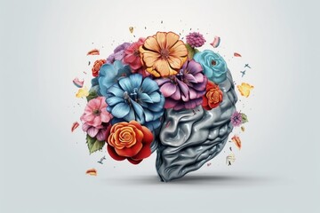 Brain with Flowers Illustration, Creative Mind Concept Created with Generative AI