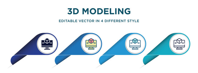 3d modeling icon in 4 different styles such as filled, color, glyph, colorful, lineal color. set of vector for web, mobile, ui