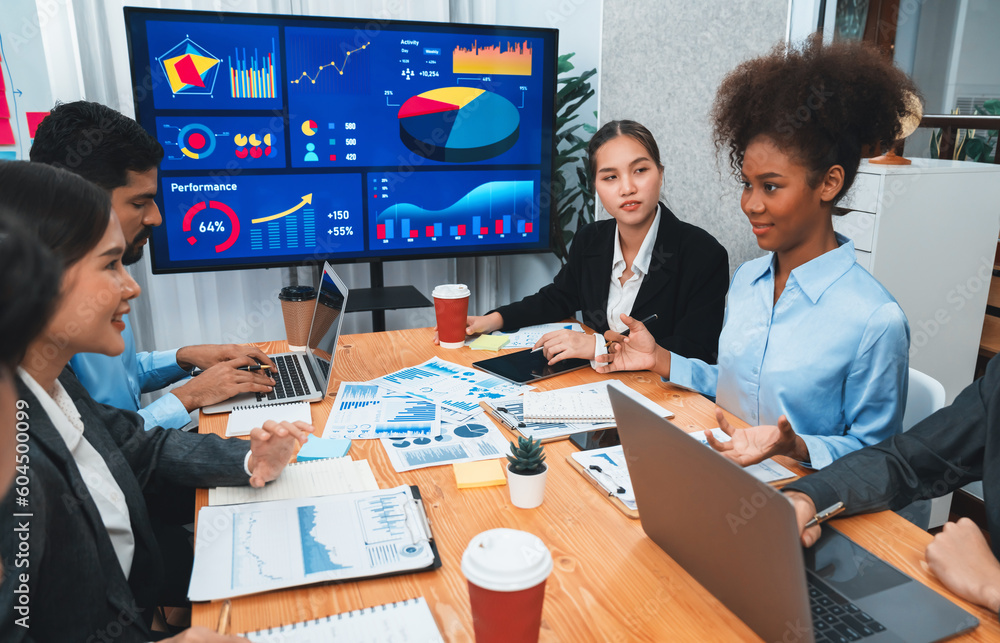 Aufkleber multiracial analyst team use bi dashboard data to analyze financial report on meeting table. group o