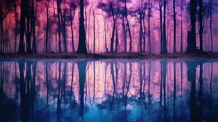 Trees in a forest with water on it, in the style of blur silhouette, with a blue purple tone. AI generative
