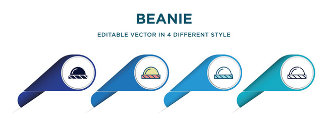 beanie icon in 4 different styles such as filled, color, glyph, colorful, lineal color. set of vector for web, mobile, ui