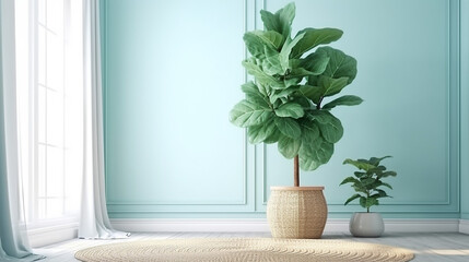 Blank pastel mint turquoise blue wall green tropical. 