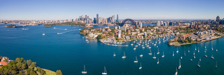 Panoramic aerial drone view of Sydney City and Sydney Harbour, NSW Australia looking over Kirribilli on a sunny morning 