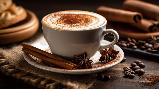 A close - up shot of a coffee cup with a frothy cappuccino on a distressed wooden table, surrounded by coffee beans and a cinnamon stick,Generative AI