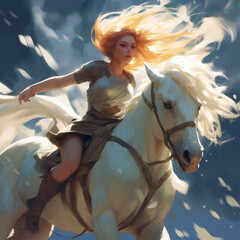 Obraz na płótnie Canvas Whispers of Freedom: Her Windswept Mane on a White Stallion. Generative AI