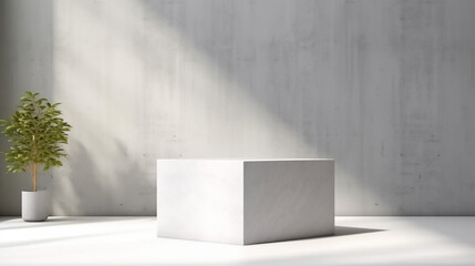 minimal white square concrete podium in sunlight shadow. Generative AI