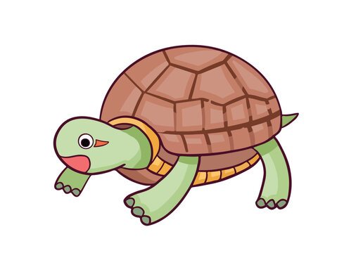 Green turtle with brown shell animal vector illustration isolated on horizontal white background. Simple flat outlined drawing of sea animal.