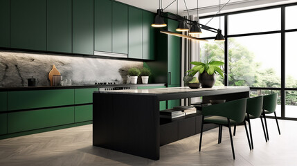 modern kitchen black island dining counter table green. Generative AI