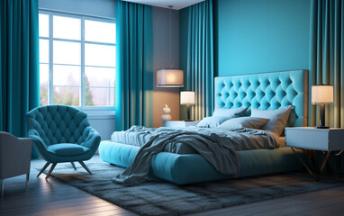 Modern beautiful cyan bedroom with plush bedding and cozy armchair, Generative AI	