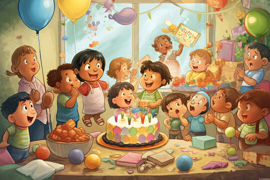 Cartoon children's birthday party, happy kids, balloons, cake, presents, gifts, banners, confetti, party hats, streamers