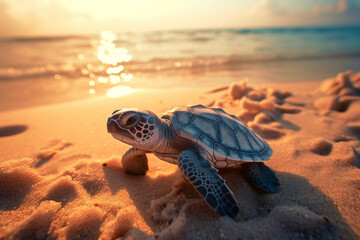 Baby sea turtle on a beach in sunset, Generative AI