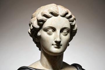 Stone bust of a woman. Statue of a head. Ancient stone work. Historic Roman Statue. Greek Culture. Female form.