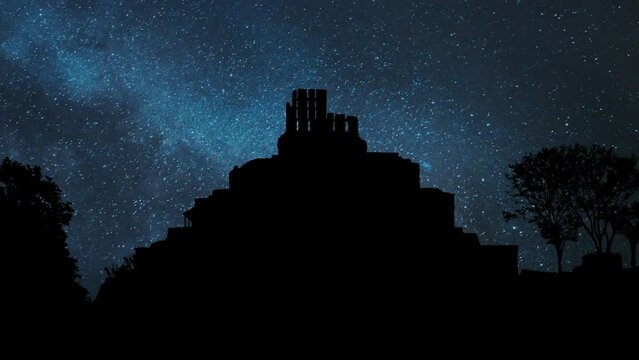 Mayan Piramid Edzna by Night, Time Lapse with Stars and Milky Way in Background, Mexico