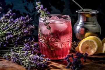 Obraz na płótnie Canvas Summer Violet Lemonade with Ice Cubes and lavender, Generative AI