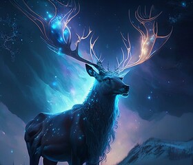 Deer with beautiful horns with aurora light at artic circle with majestic night sky.