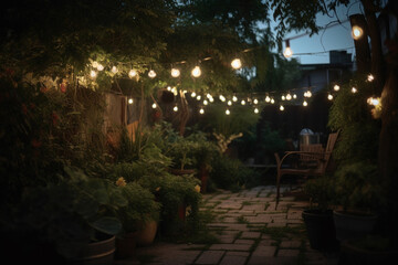 Fototapeta premium An outdoor string of lights in the garden in the beautiful evening, Generative AI