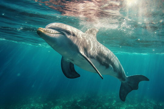 An image of an underwater Dolphin with Sunlight, Generative AI