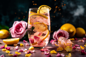 Lemonade with Pink Rose Petals and Slices of Lemon in front of a blurry background, Generative AI