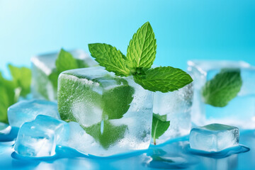 Ice Cubes with Mint Leaves, Ice Cubes on Blue Background, Generative AI