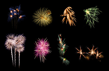 Fototapeta premium Variety of colorful fireworks isolated on black background