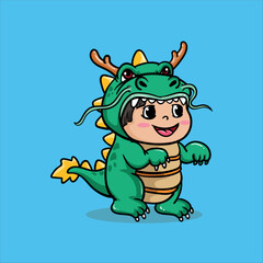 Vector cartoon little boy wearing dragon costume blue background