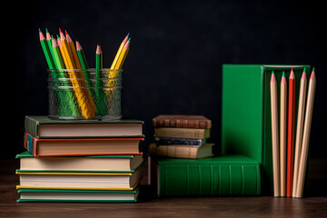 Stack of books and pencils on the school table in front of a green blackboard, Generative AI