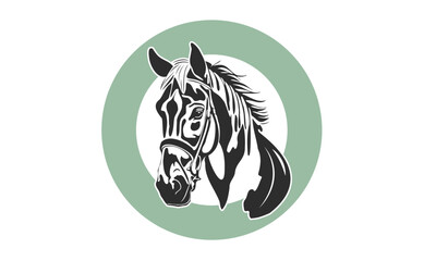 Vector round sticker with black horse head. Logo or icon. White isolated background.