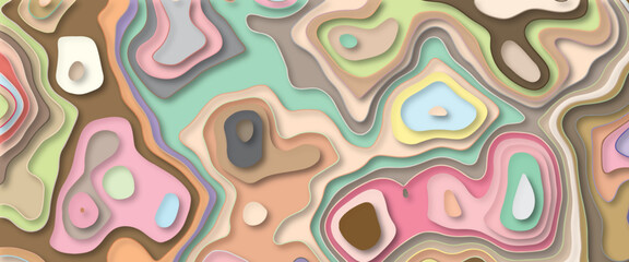 Obraz premium Colorful gradient paper cut background with layered curves in realistic. Modern topography concept design or flowing liquid illustration for website template. Smooth origami art shape paper cut