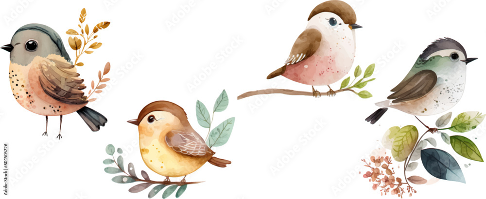 Wall mural bird nature watercolor neutral colors for kids simple drawing childish cute