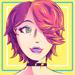 Female character design, pink hair, colorful anime style