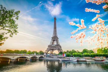 eiffel tour over Seine river - obrazy, fototapety, plakaty