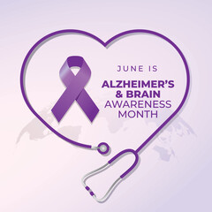 Obraz premium alzheimer's and brain awareness month design template for celebration. alzheimer's and brain awareness month. purple ribbon design. flat ribbon vector. 