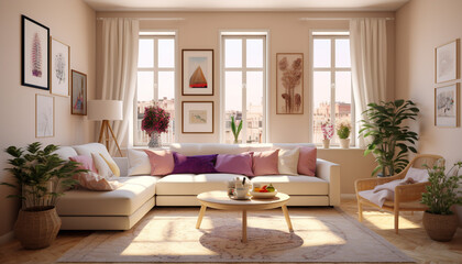 Fototapeta premium A room with cream walls that are accented with beige, and white furniture and decor, There are small pops of color in the form of pink throw pillows, art, and plants, A vintage rug in shades of purple
