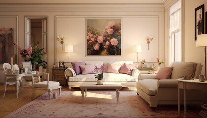 Fototapeta na wymiar A room with cream walls that are accented with beige, and white furniture and decor, There are small pops of color in the form of pink throw pillows, art, and plants, A vintage rug in shades of purple
